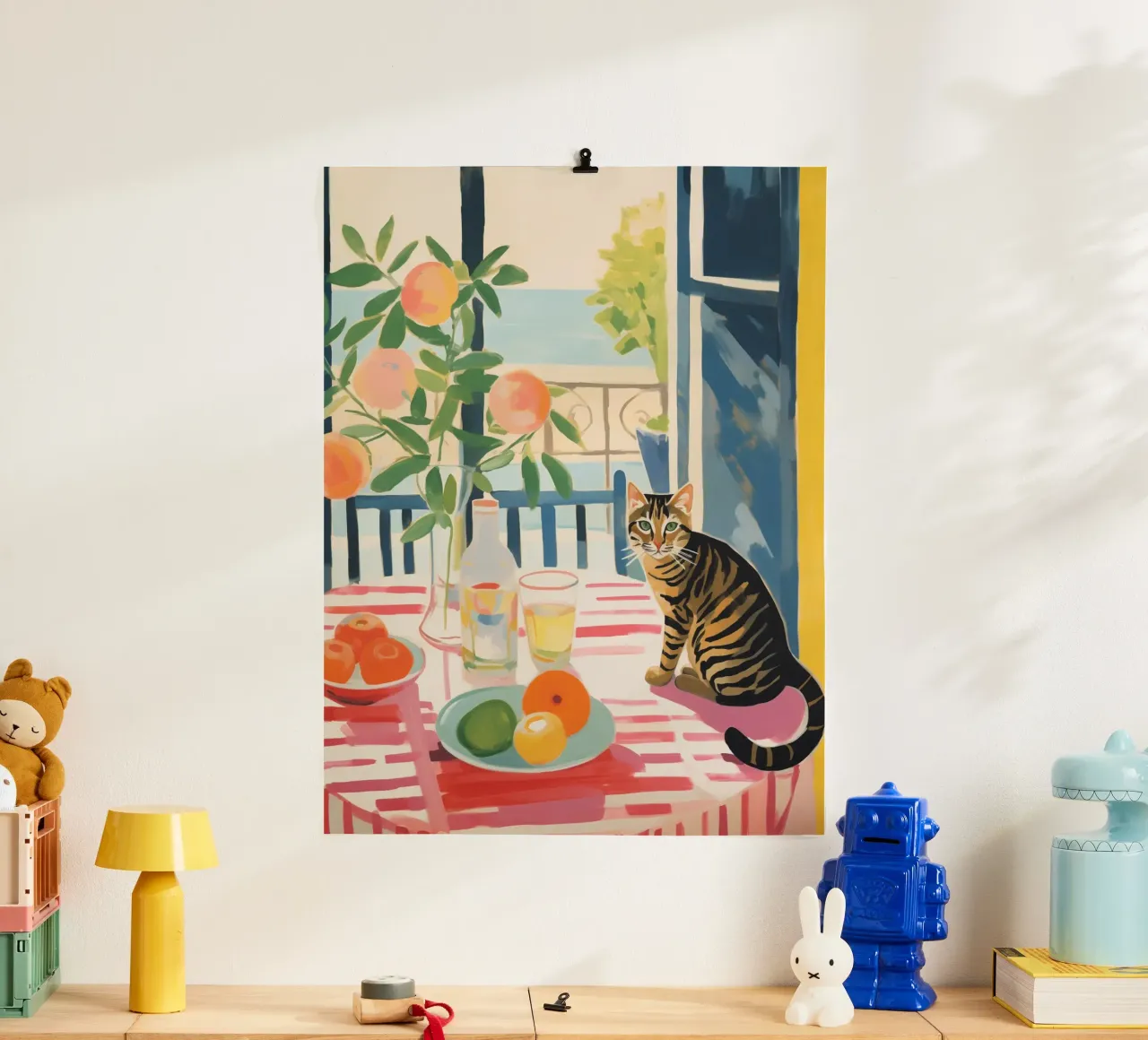 The striped cat sits at the window in the sun poster with aluminum frame by Autofocus