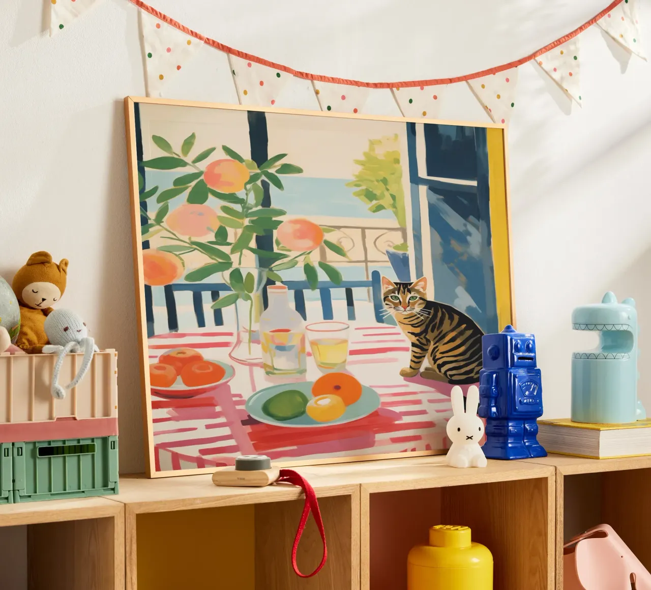 The striped cat sits at the window in the sun poster with aluminum frame by Autofocus