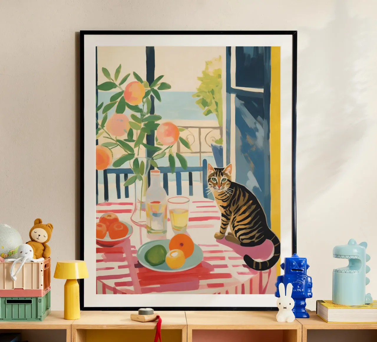 The striped cat sits at the window in the sun poster with aluminum frame by Autofocus