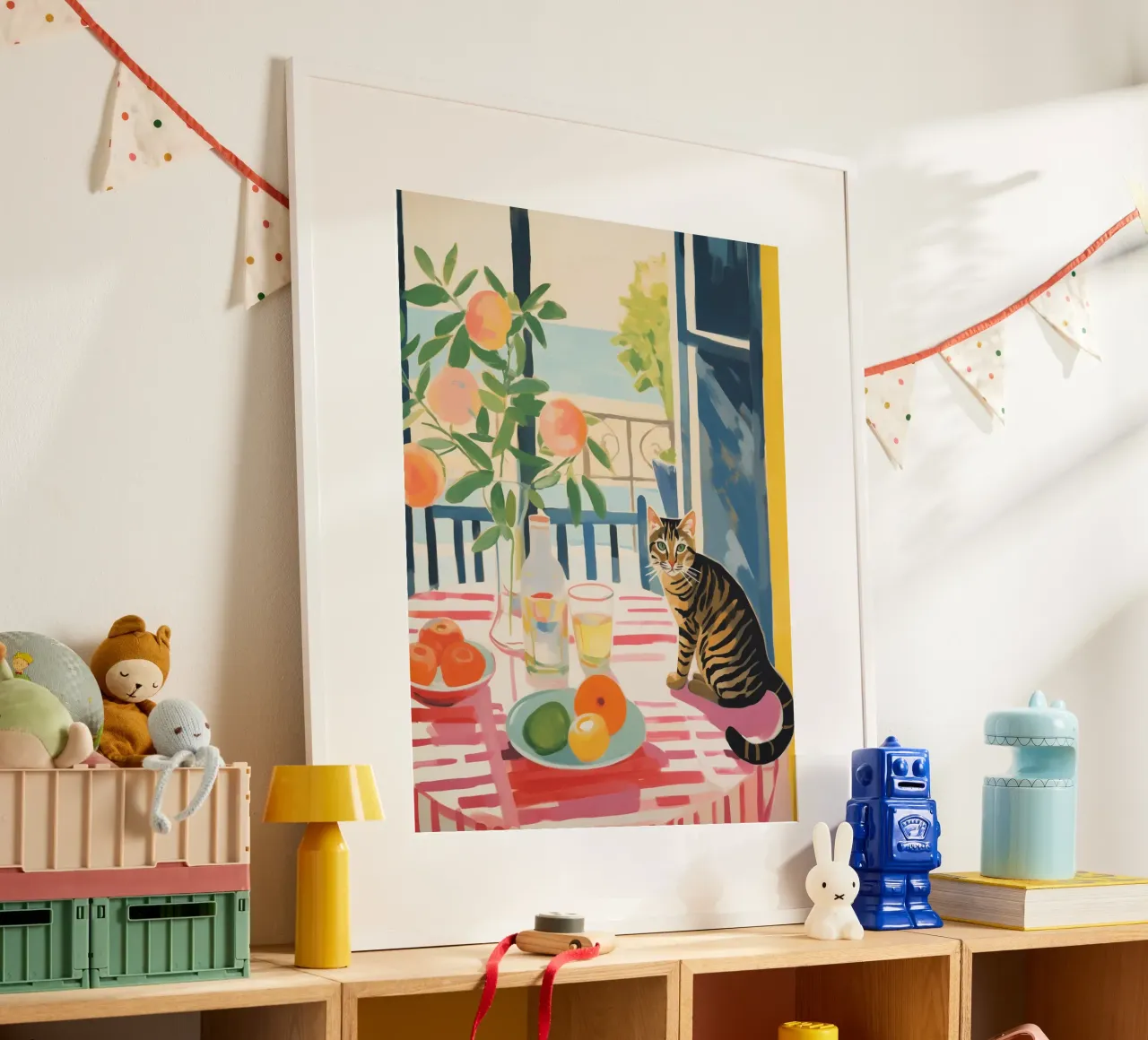 The striped cat sits at the window in the sun poster with aluminum frame by Autofocus