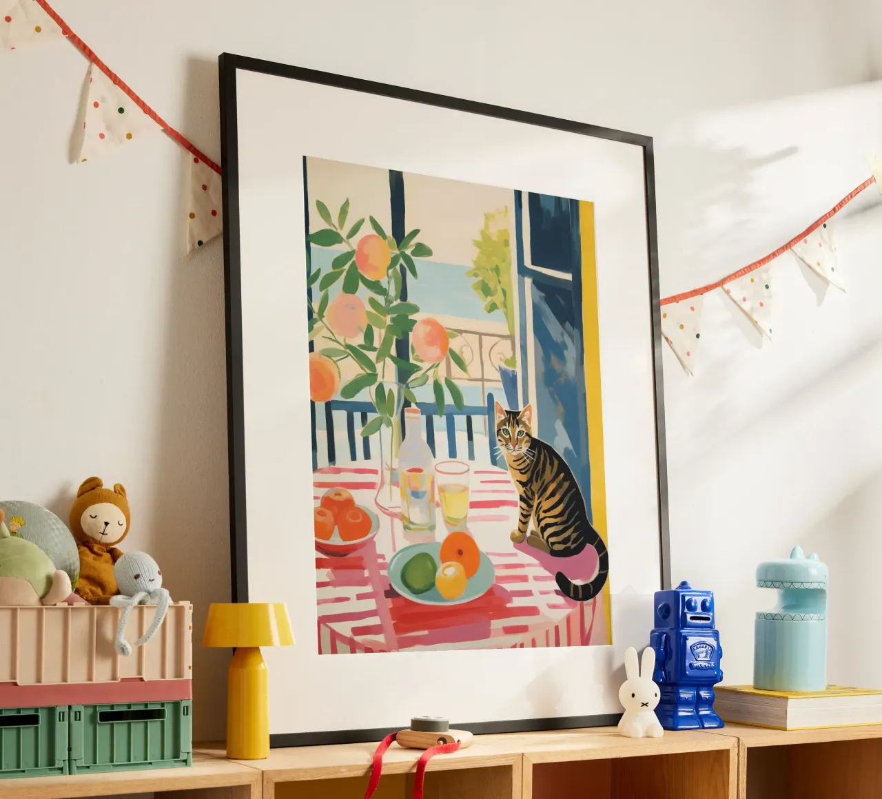 The striped cat sits at the window in the sun poster with aluminum frame by Autofocus