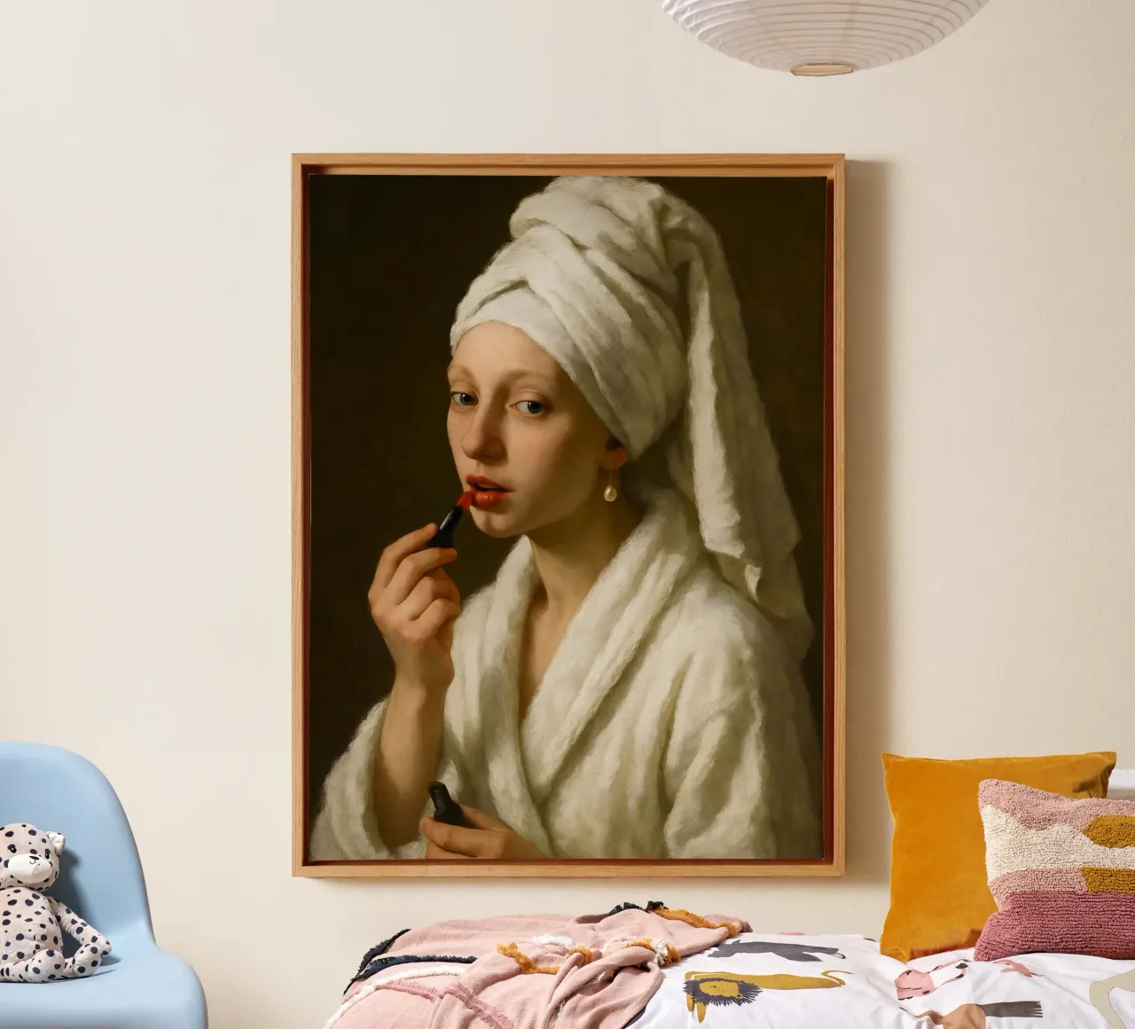 Meisje met de parel die lippenstift opdoet canvas met Baklijst van ARTOMATIC