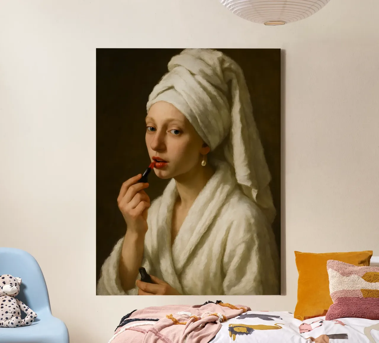 Meisje met de parel die lippenstift opdoet canvas met Baklijst van ARTOMATIC