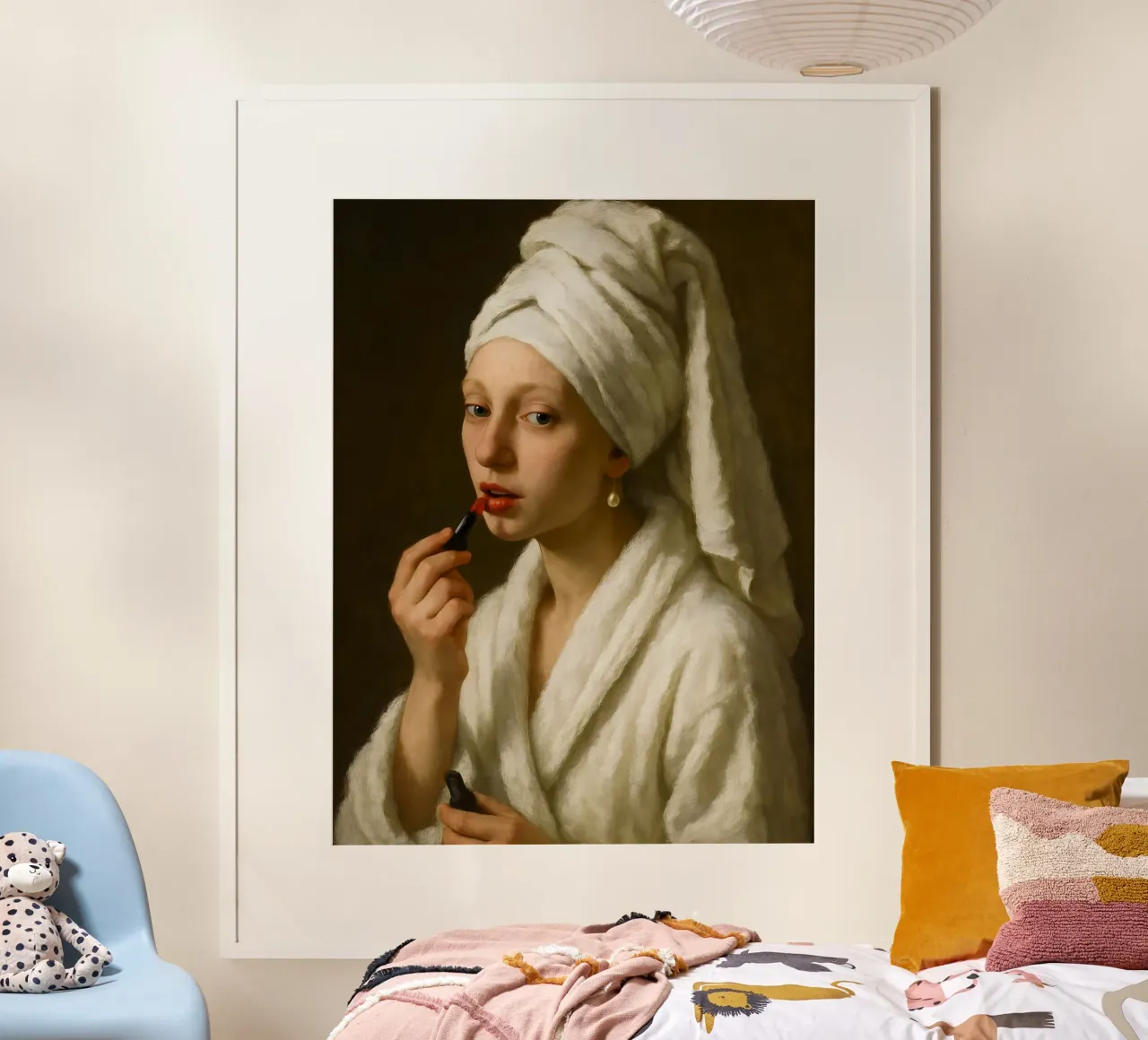 Ragazza con l'orecchino di perla che si mette il rossetto poster con telaio in plastica da ARTOMATIC