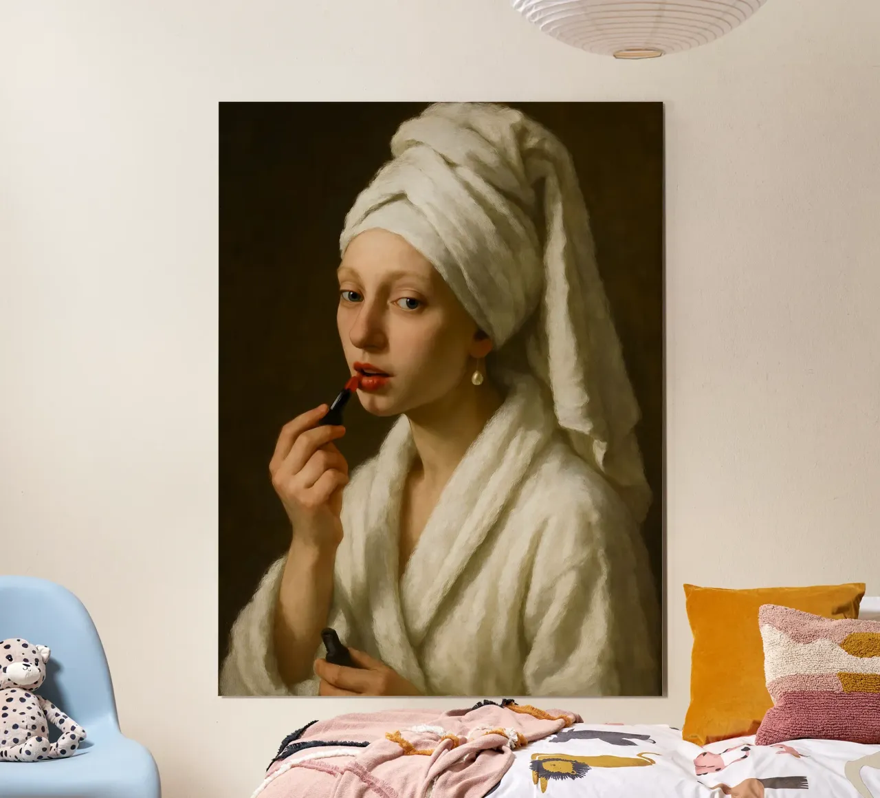 Ragazza con l'orecchino di perla che si mette il rossetto poster con telaio in plastica da ARTOMATIC