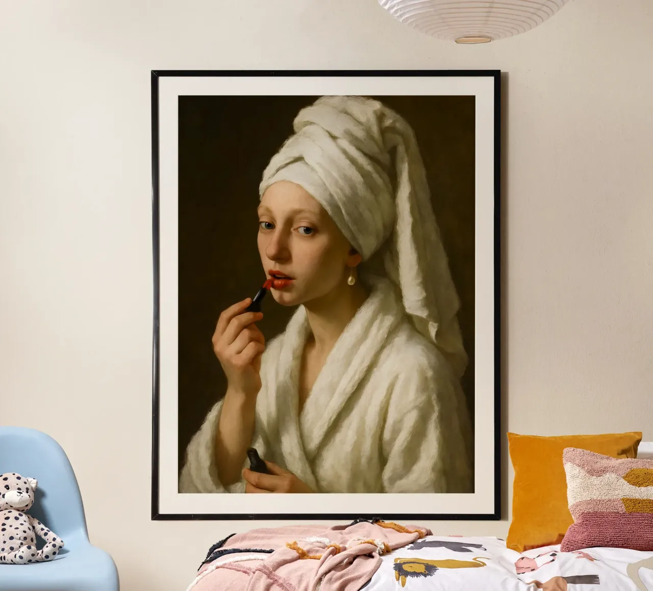 Ragazza con l'orecchino di perla che si mette il rossetto poster con telaio in plastica da ARTOMATIC