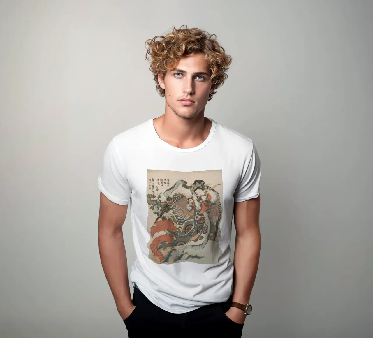 Hokusai Flute Mystical Bird Colour Woodblock t-shirt by khanrosie