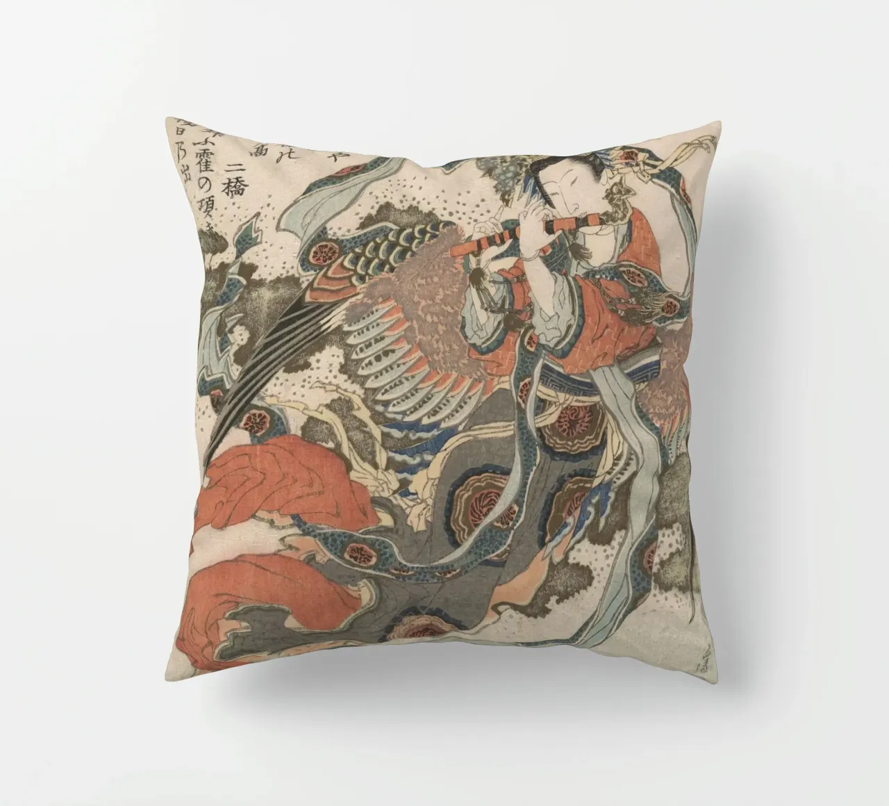Hokusai Flauto Uccello Mistico Woodblock a colori cuscino da khanrosie