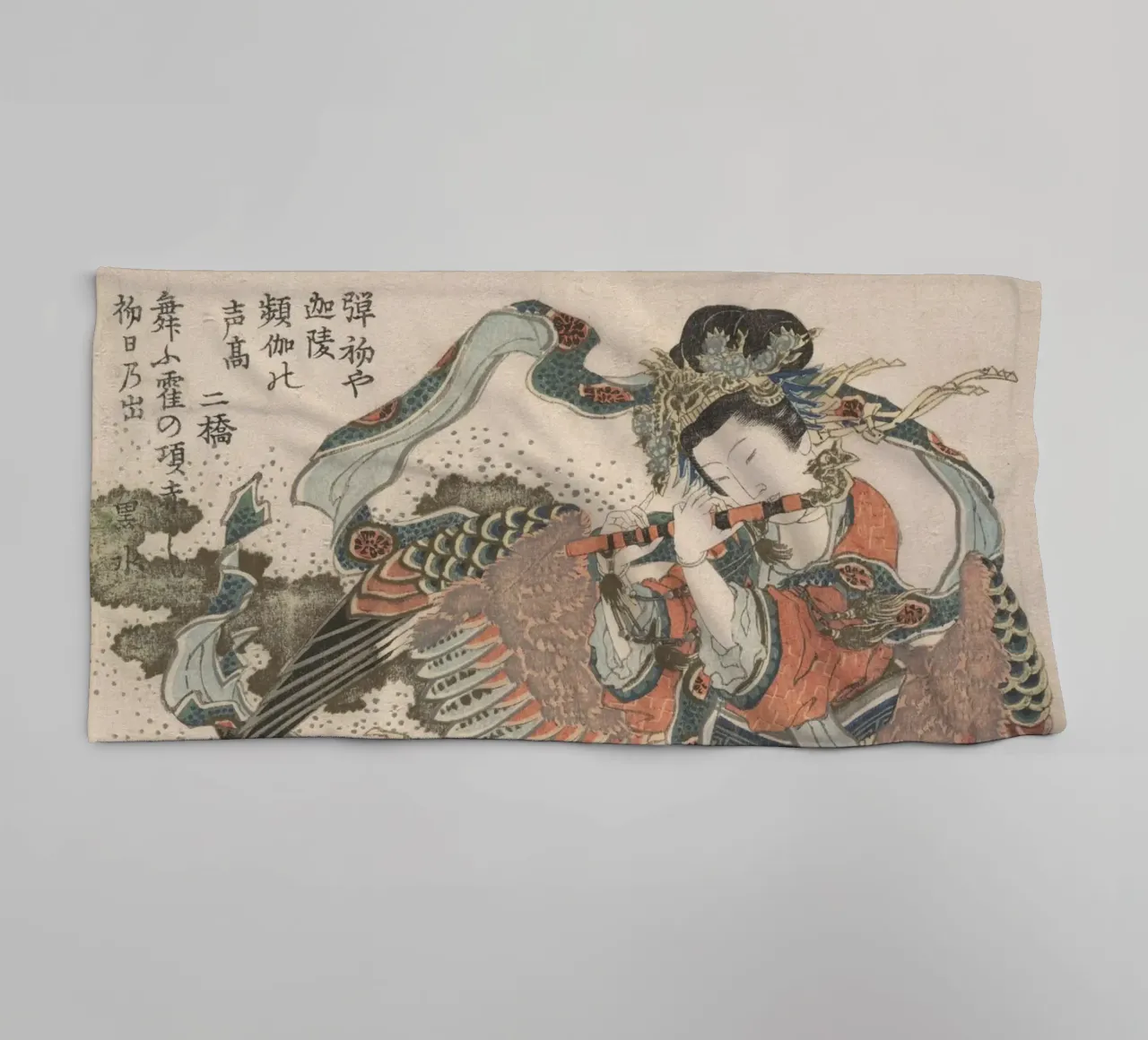 Hokusai Flute Mystical Bird Colour Woodblock towel by khanrosie