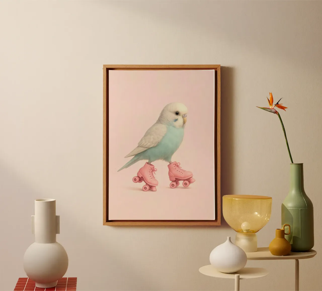 Budgie che pattina - Uccello carino a colori per bambini tela con Cornice a cassetta da Lootprint