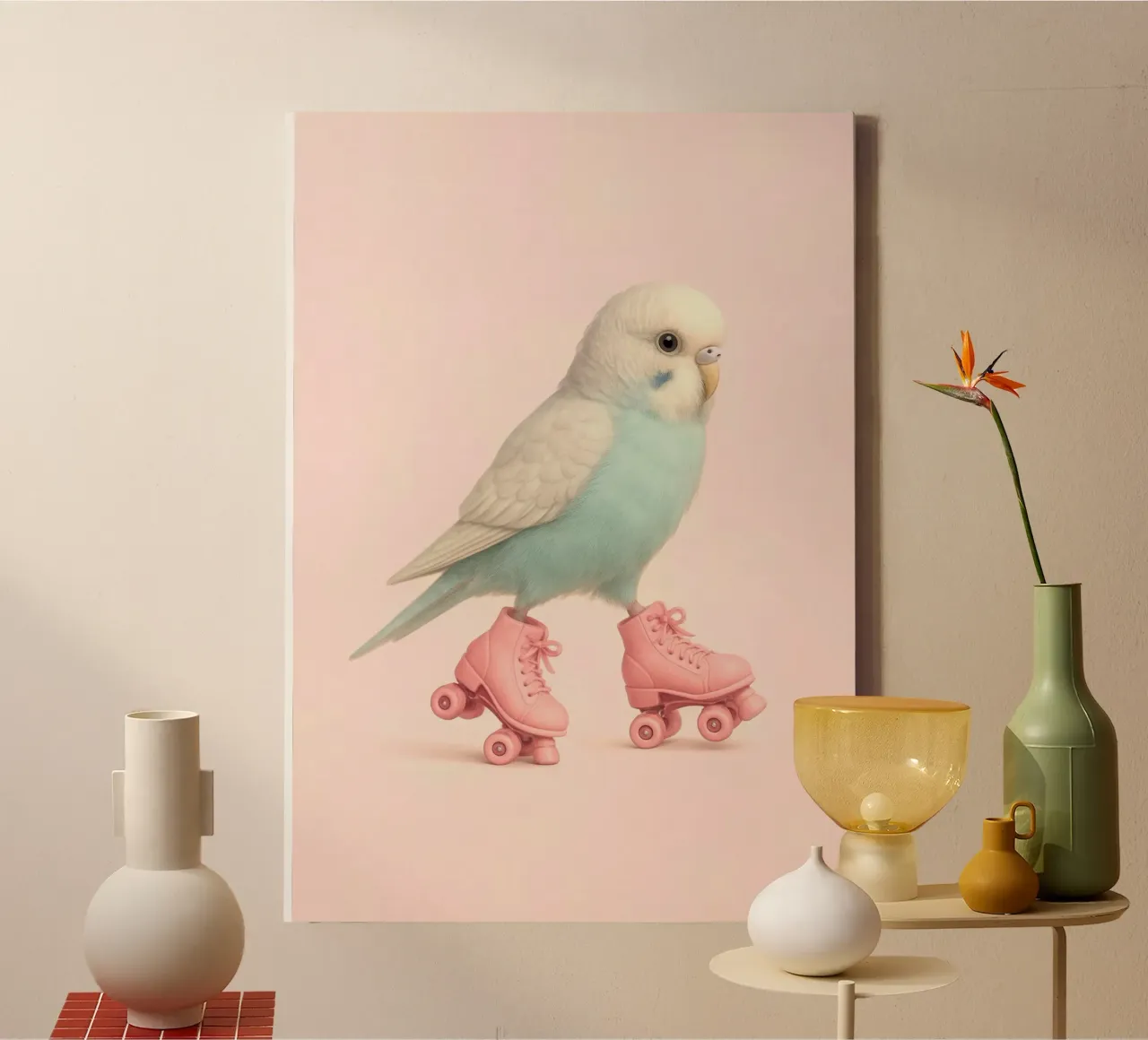 Budgie che pattina - Uccello carino a colori per bambini tela con Cornice a cassetta da Lootprint