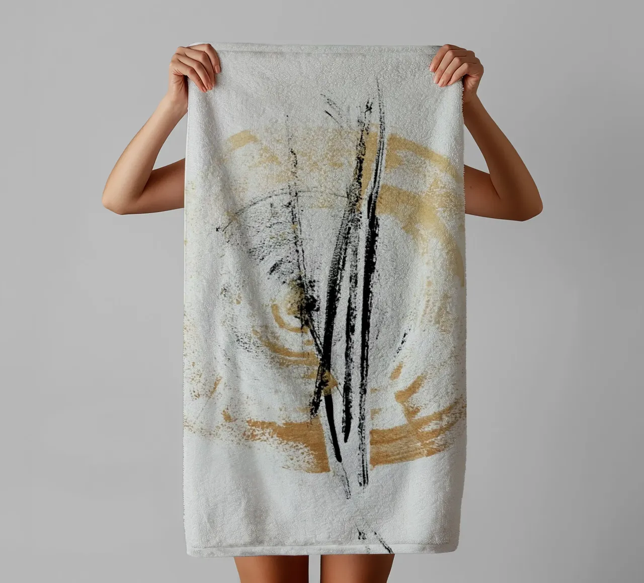 Gold And Black Minimal Abstract III towel by Ingrid Beddoes