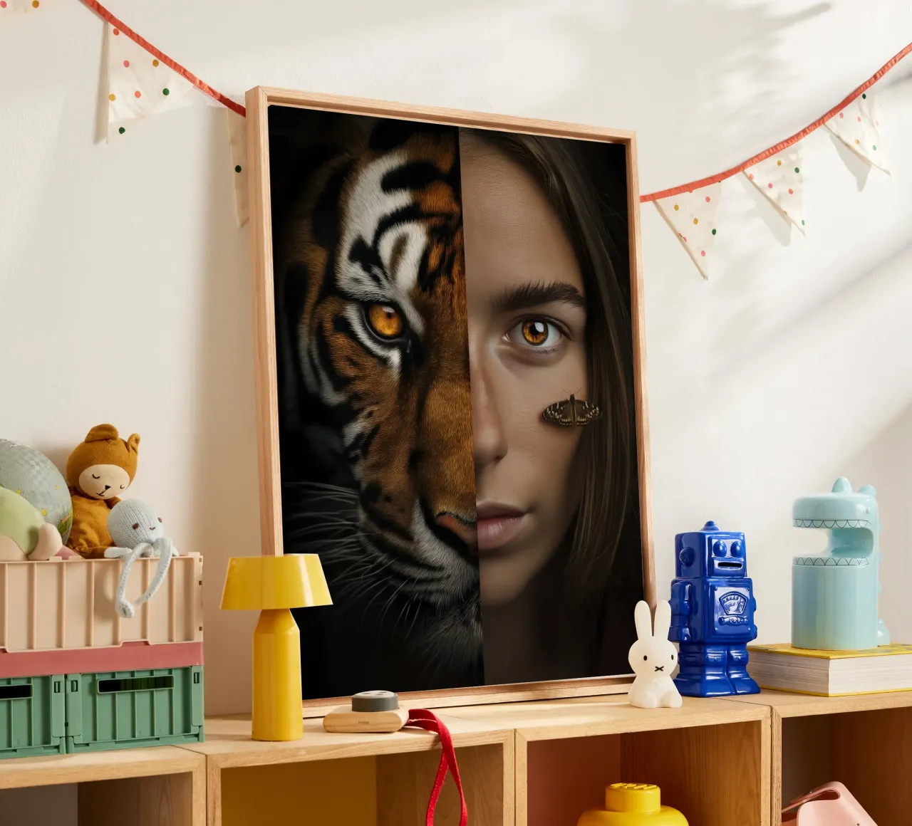 Portret van een vrouw als tijgerin | Digital Edit canvas met Baklijst van Autofocus