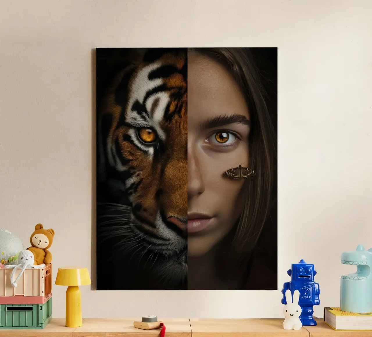 Portret van een vrouw als tijgerin | Digital Edit canvas met Baklijst van Autofocus
