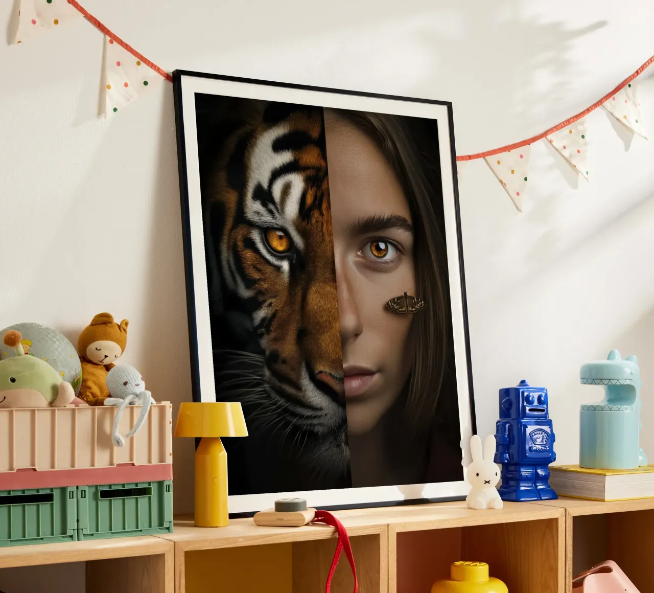 Ritratto di donna come tigre | Digital Edit poster con telaio in legno da Autofocus