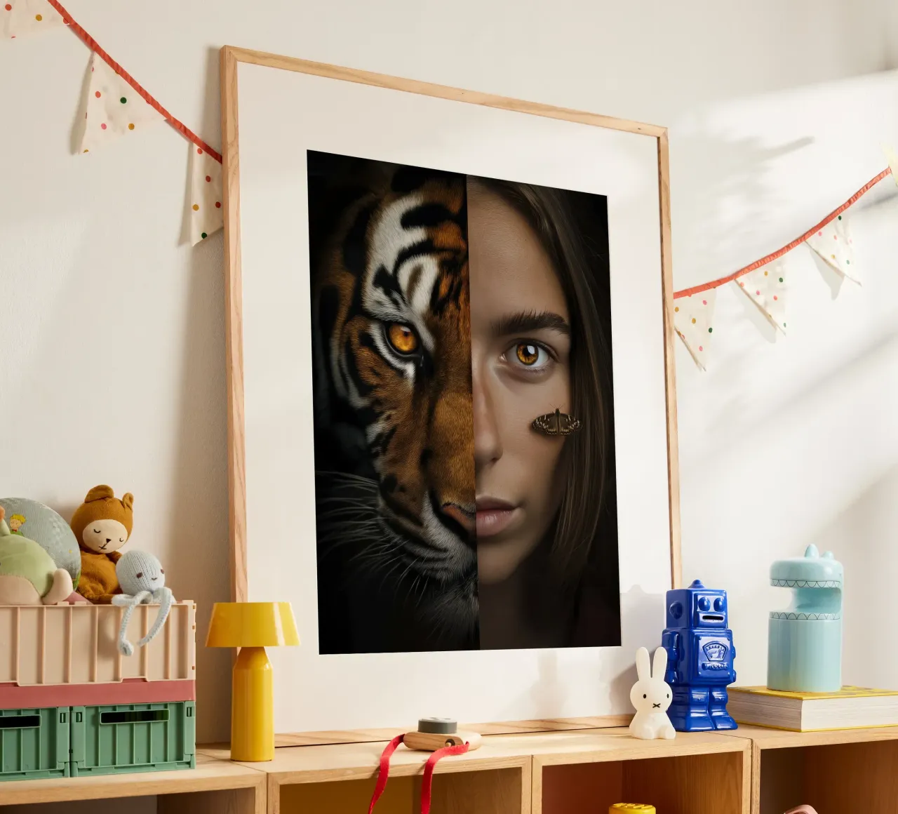 Ritratto di donna come tigre | Digital Edit poster con telaio in legno da Autofocus
