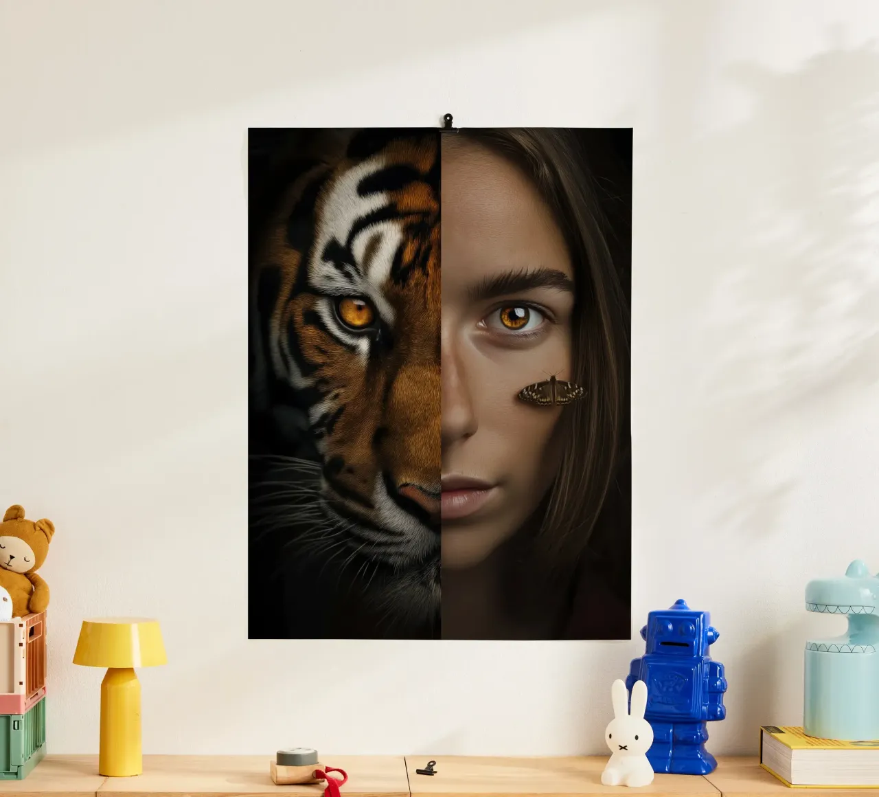 Ritratto di donna come tigre | Digital Edit poster con telaio in legno da Autofocus