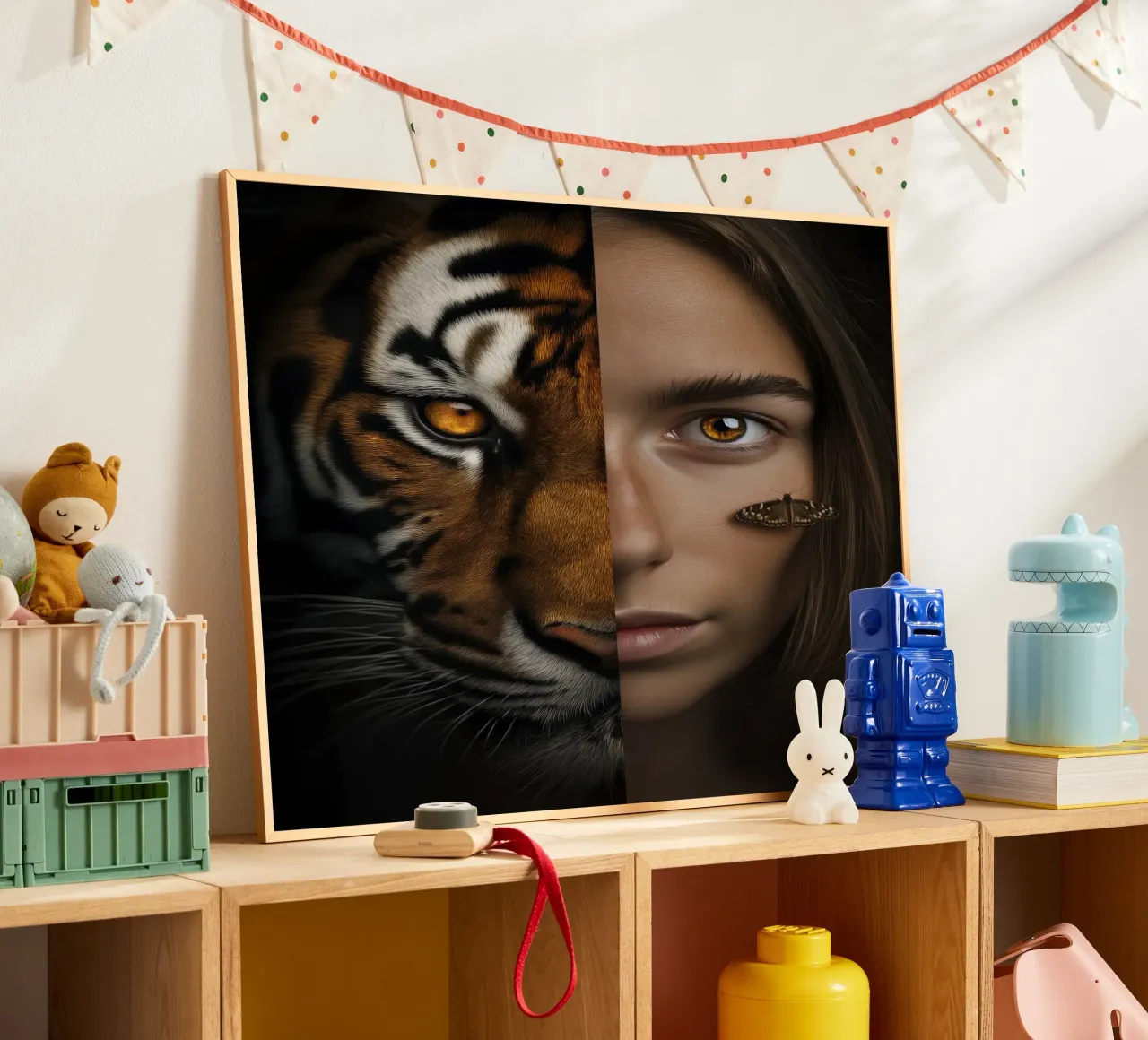 Ritratto di donna come tigre | Digital Edit poster con telaio in legno da Autofocus