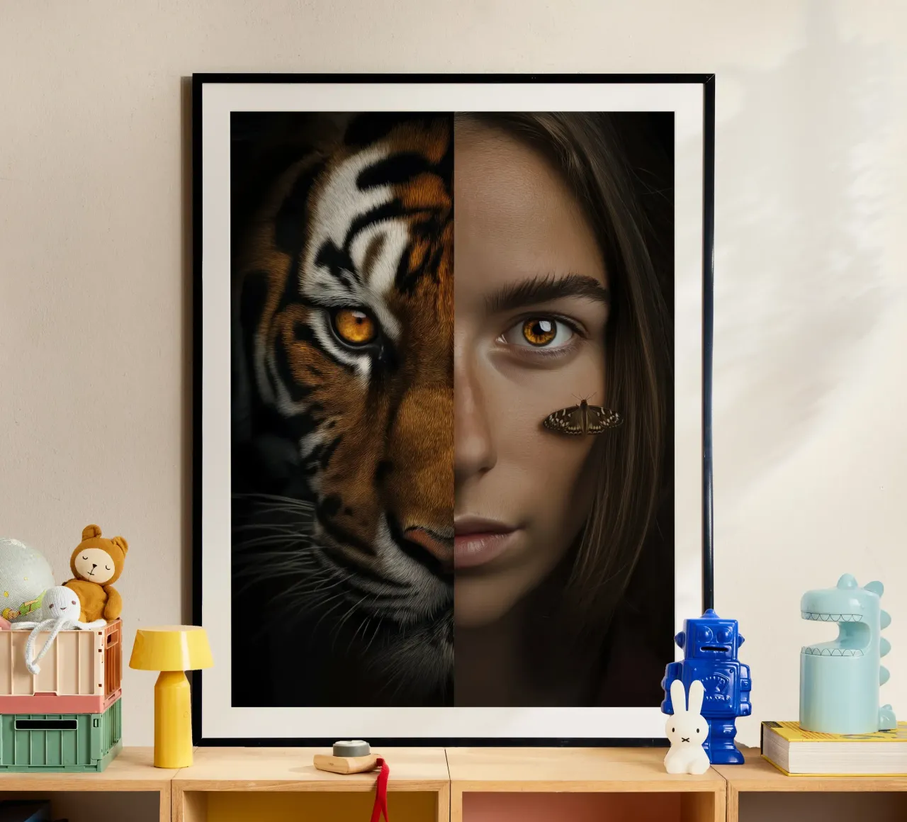 Ritratto di donna come tigre | Digital Edit poster con telaio in legno da Autofocus
