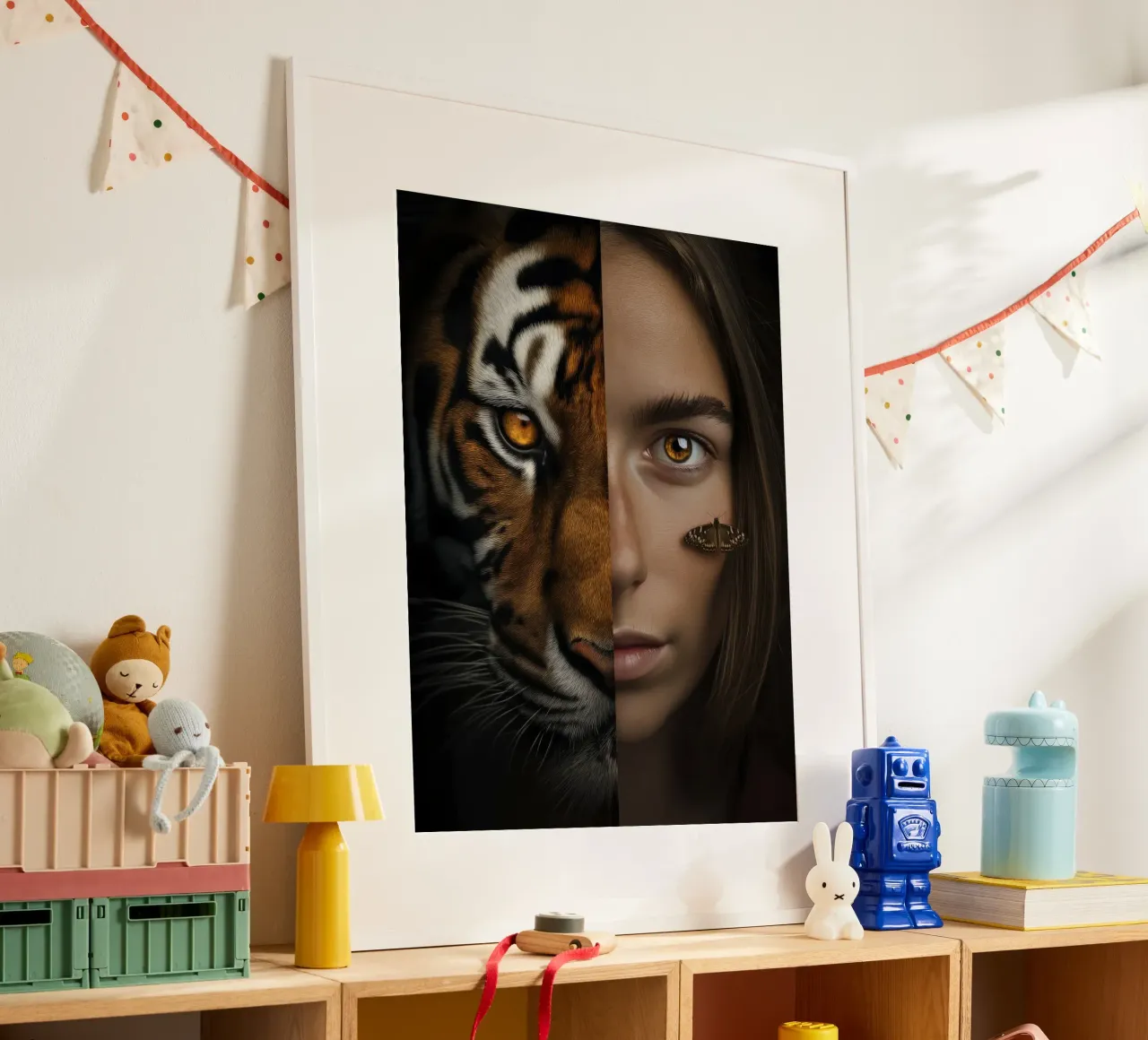 Ritratto di donna come tigre | Digital Edit poster con telaio in legno da Autofocus
