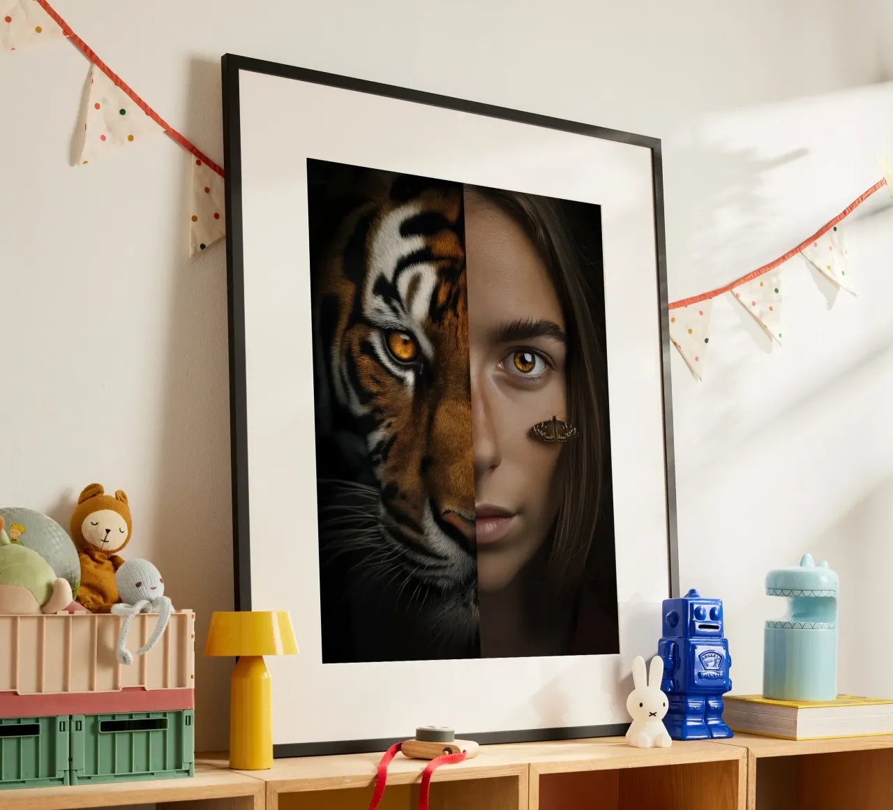 Ritratto di donna come tigre | Digital Edit poster con telaio in legno da Autofocus