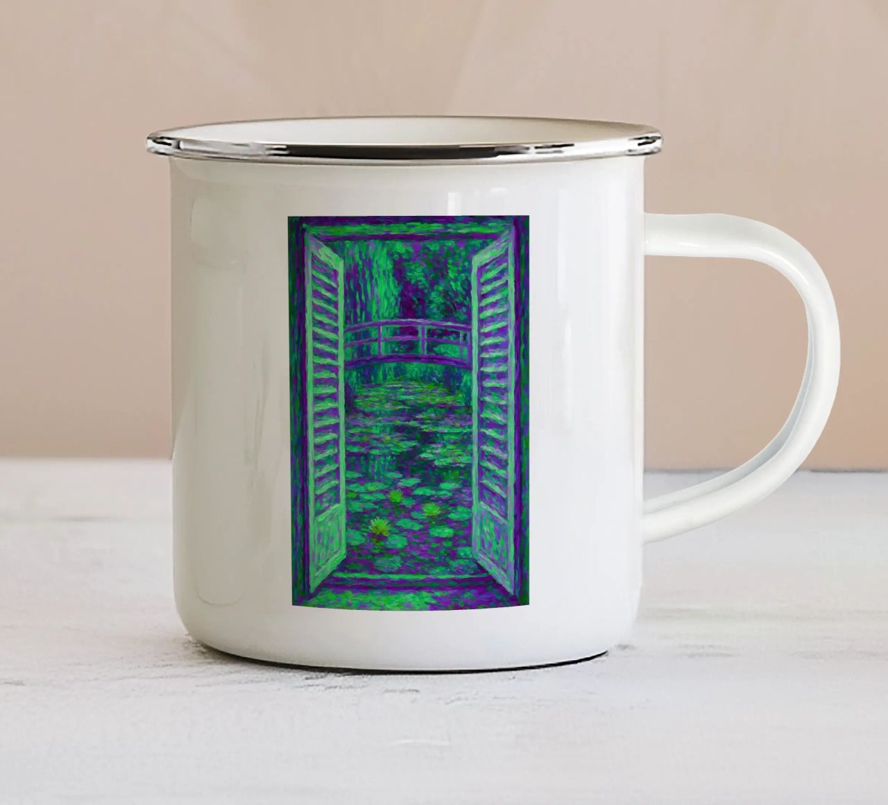 Vista sullo stagno delle ninfee Stile Monet tazza in smalto da ARTOMATIC