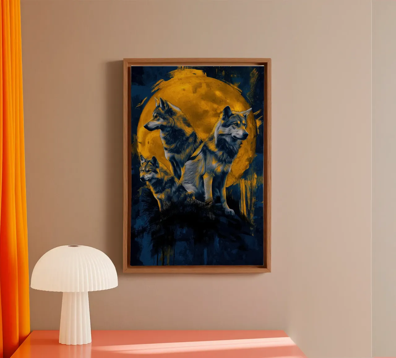 Three wolves in front of the full moon in gold and blue | Street Art canvas with Floater frame by Autofocus