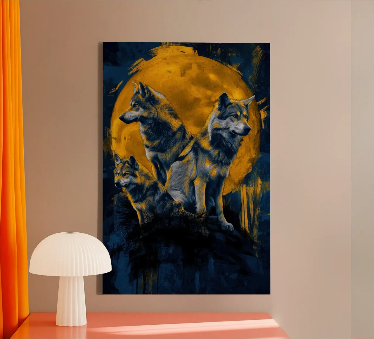 Three wolves in front of the full moon in gold and blue | Street Art canvas with Floater frame by Autofocus
