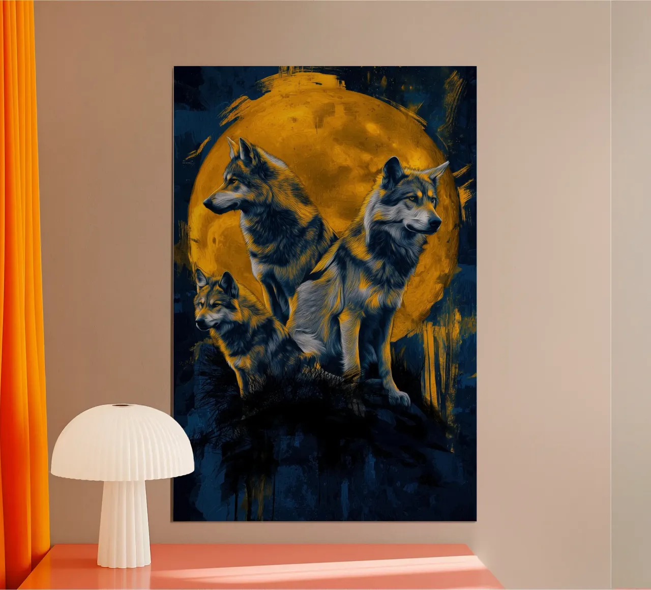 Three wolves in front of the full moon in gold and blue | Street Art poster with wooden frame by Autofocus
