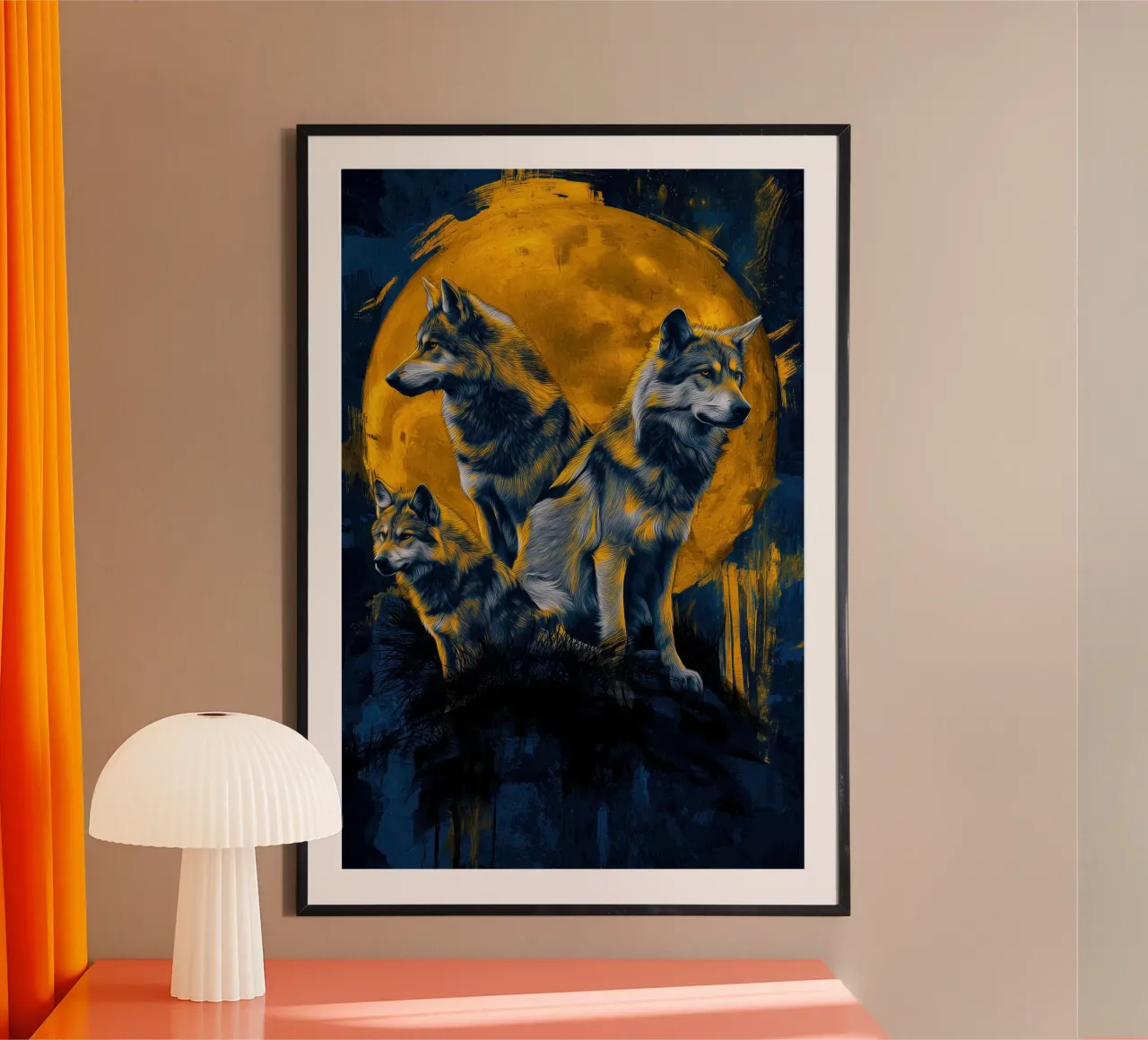 Three wolves in front of the full moon in gold and blue | Street Art poster with wooden frame by Autofocus
