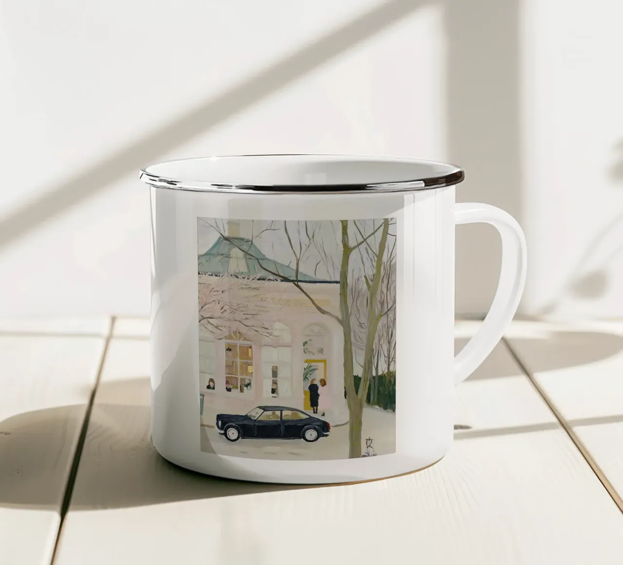 Stampa auto e caffè retrò tazza in smalto da Little Lila