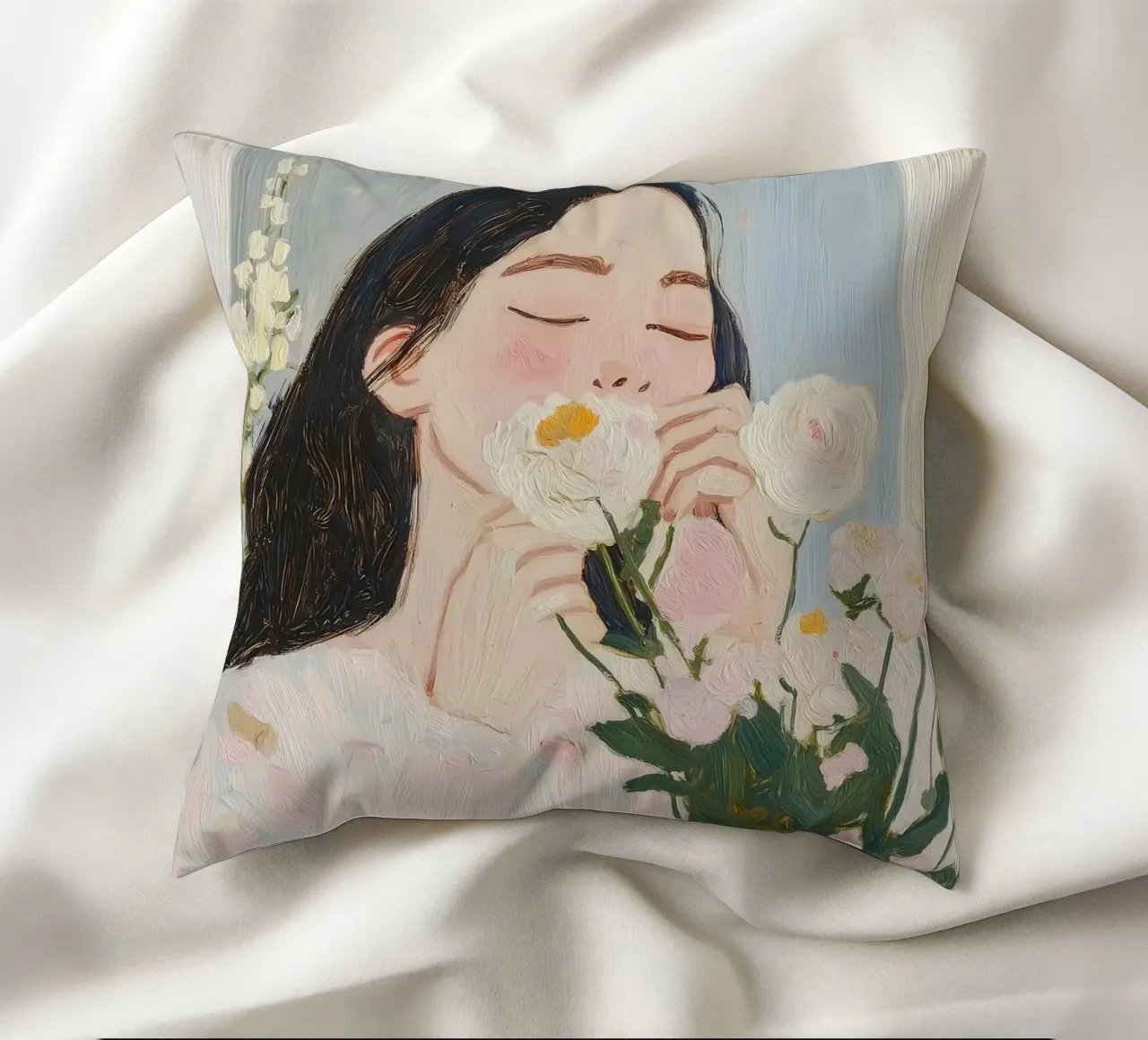 Abstract Woman with Flowers Art Print decorative cushion by Little Lila