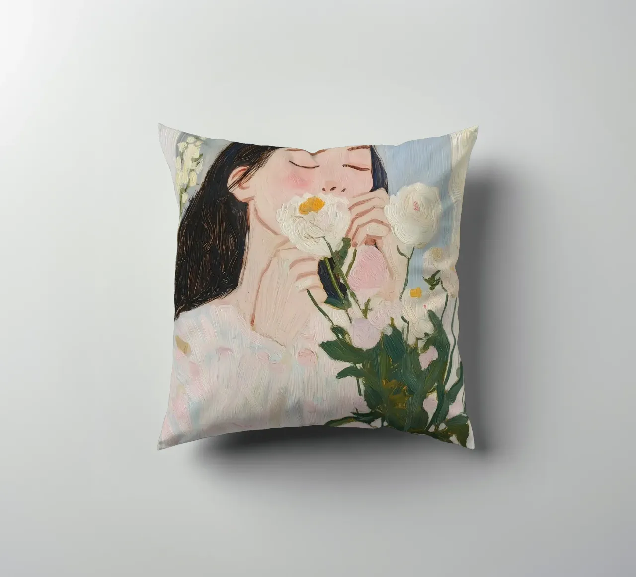 Abstract Woman with Flowers Art Print decorative cushion by Little Lila