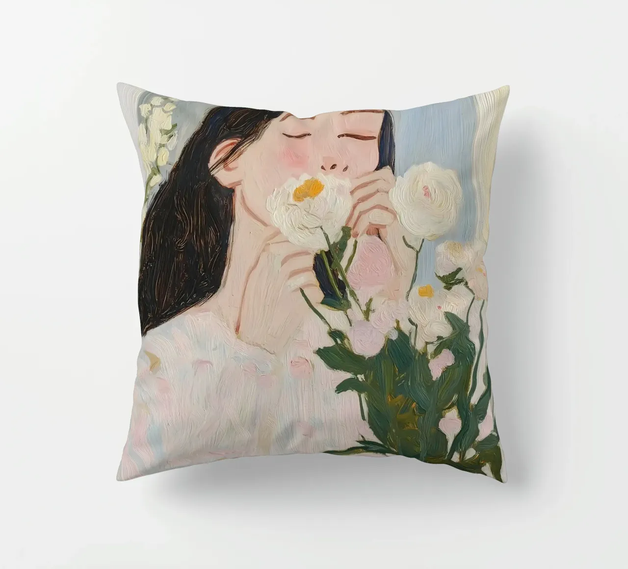 Abstract Woman with Flowers Art Print decorative cushion by Little Lila