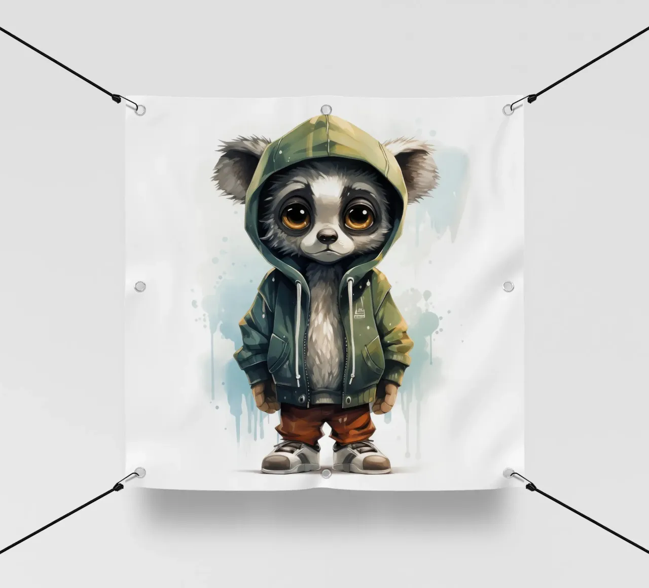 Lemure acquerellato in felpa con cappuccio telo in pvc da Animal Portraits