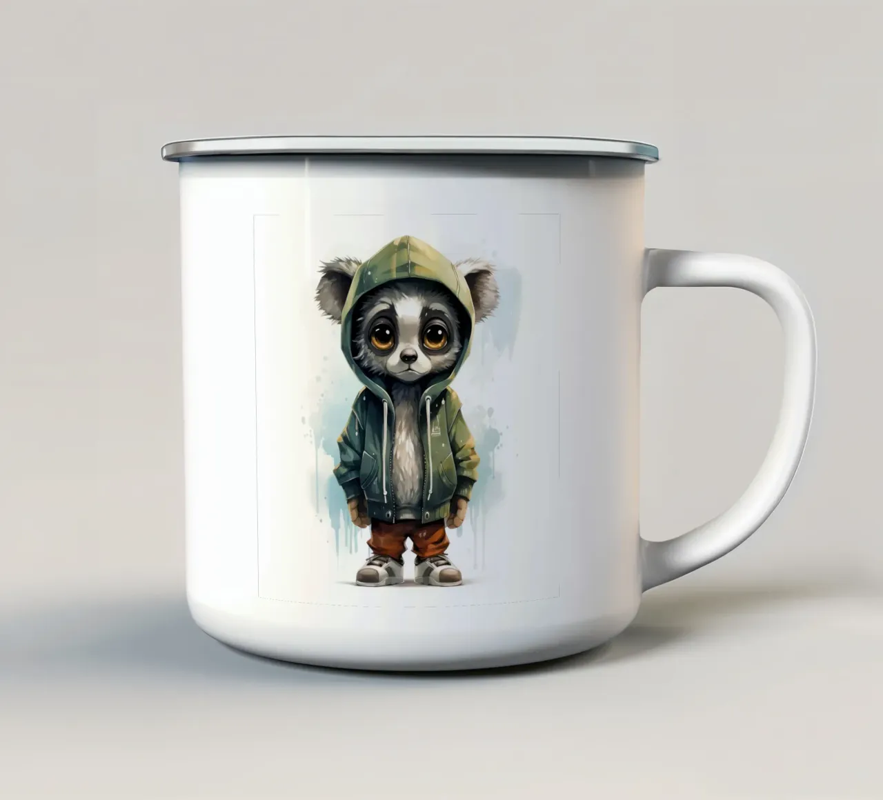 Aquarell Cartoon Lemur im Kapuzenpulli Emaille Tasse von Animal Portraits
