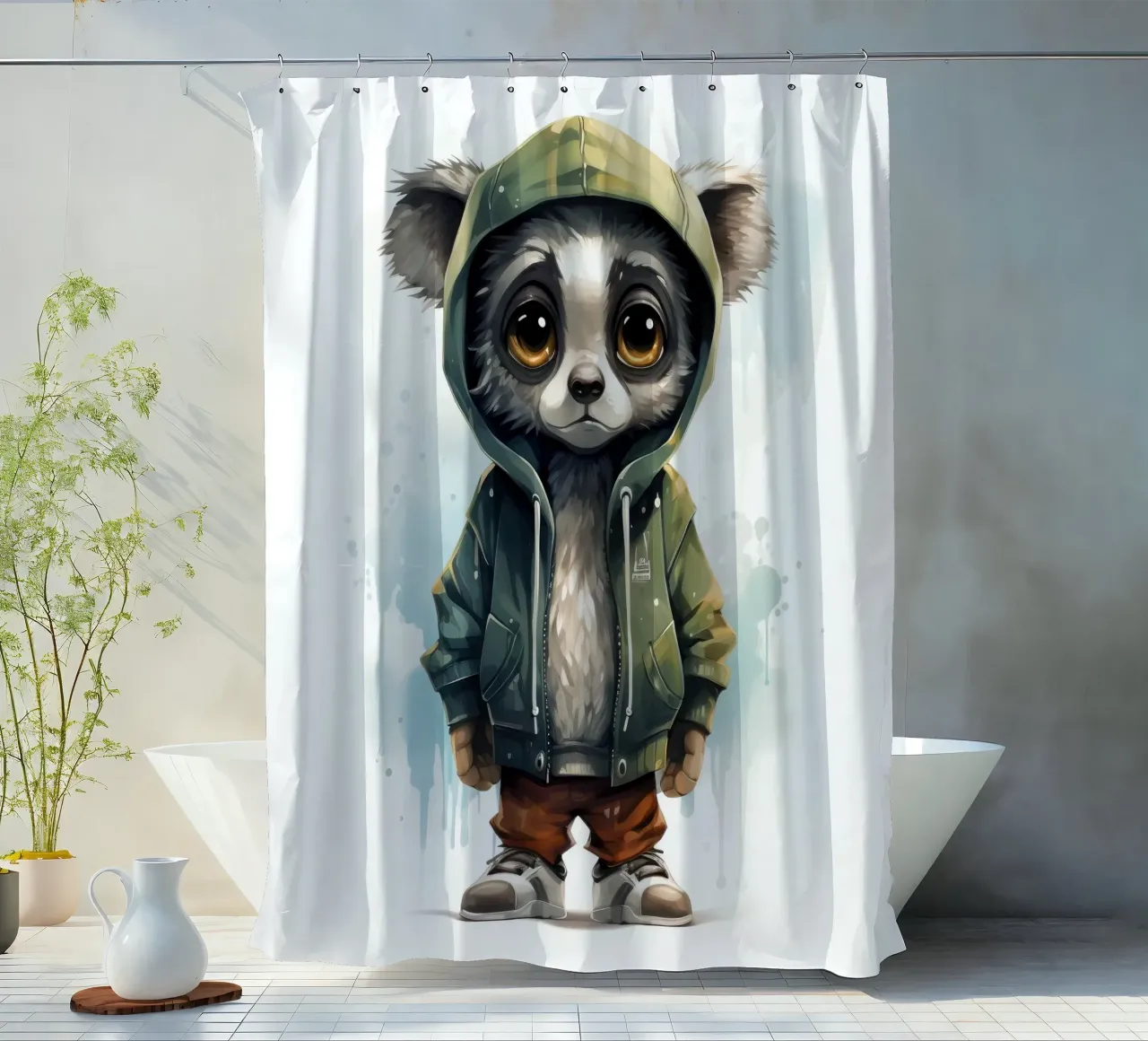 Aquarell Cartoon Lemur im Kapuzenpulli Duschvorhang von Animal Portraits