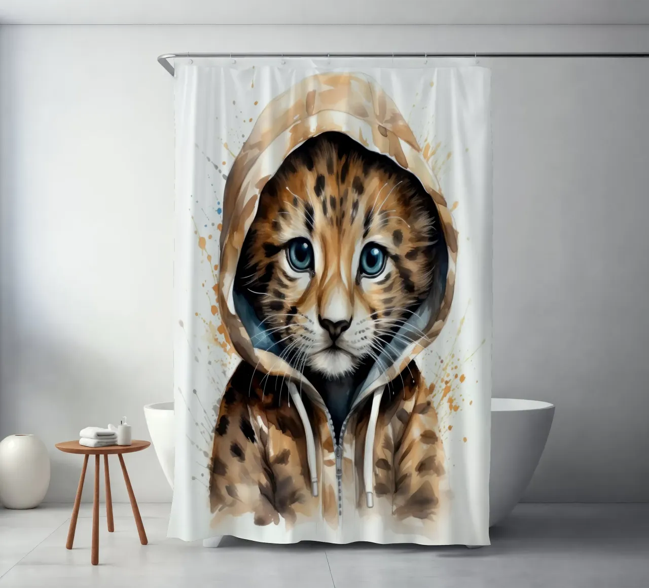 Leopardo acquerellato in felpa con cappuccio tenda da doccia da Animal Portraits