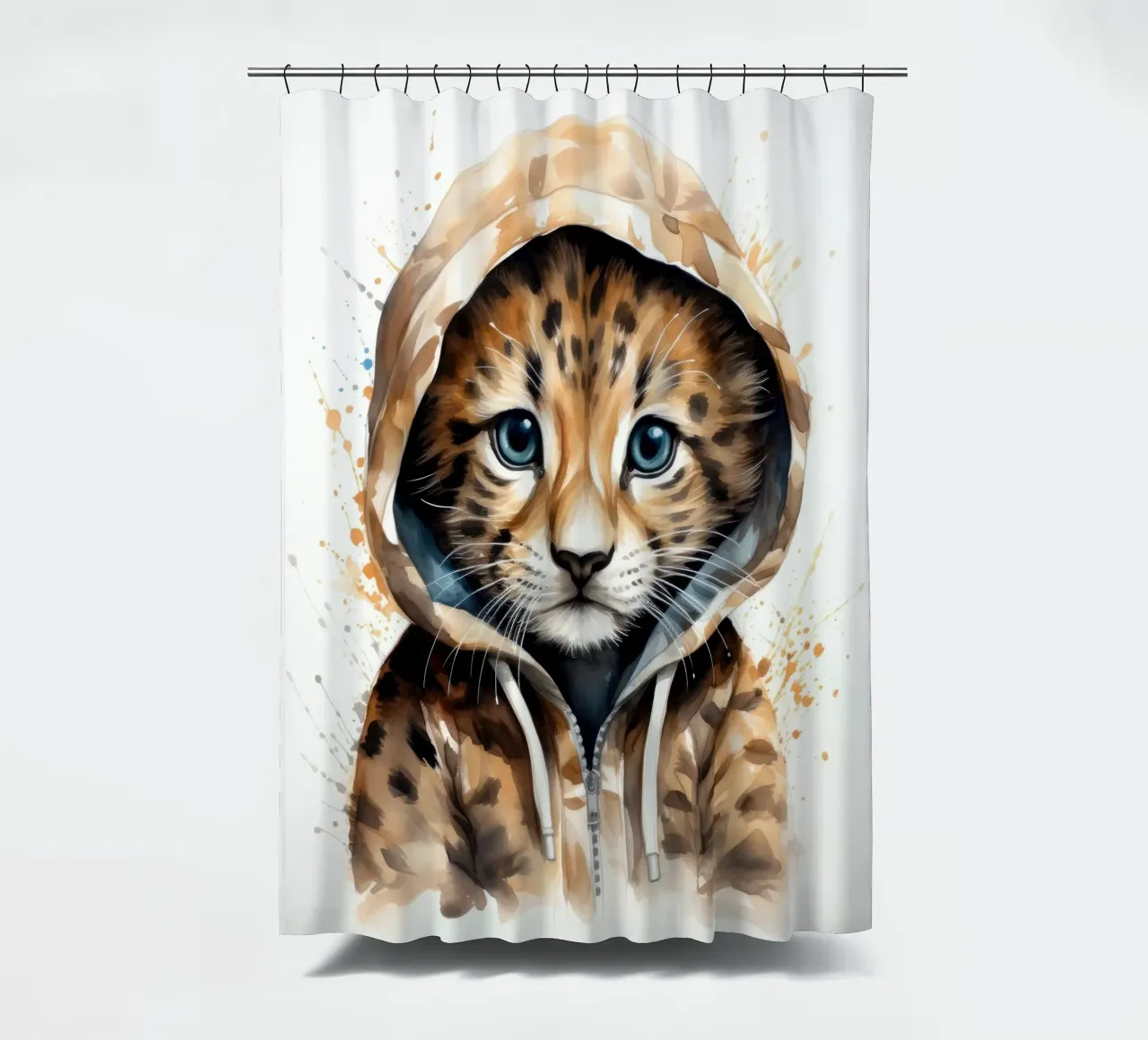 Leopardo acquerellato in felpa con cappuccio tenda da doccia da Animal Portraits