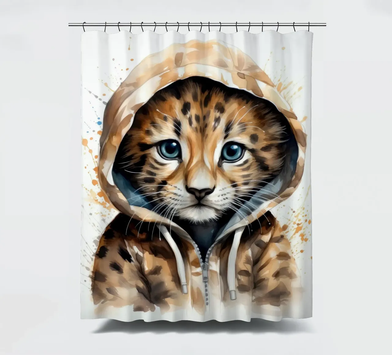 Leopardo acquerellato in felpa con cappuccio tenda da doccia da Animal Portraits