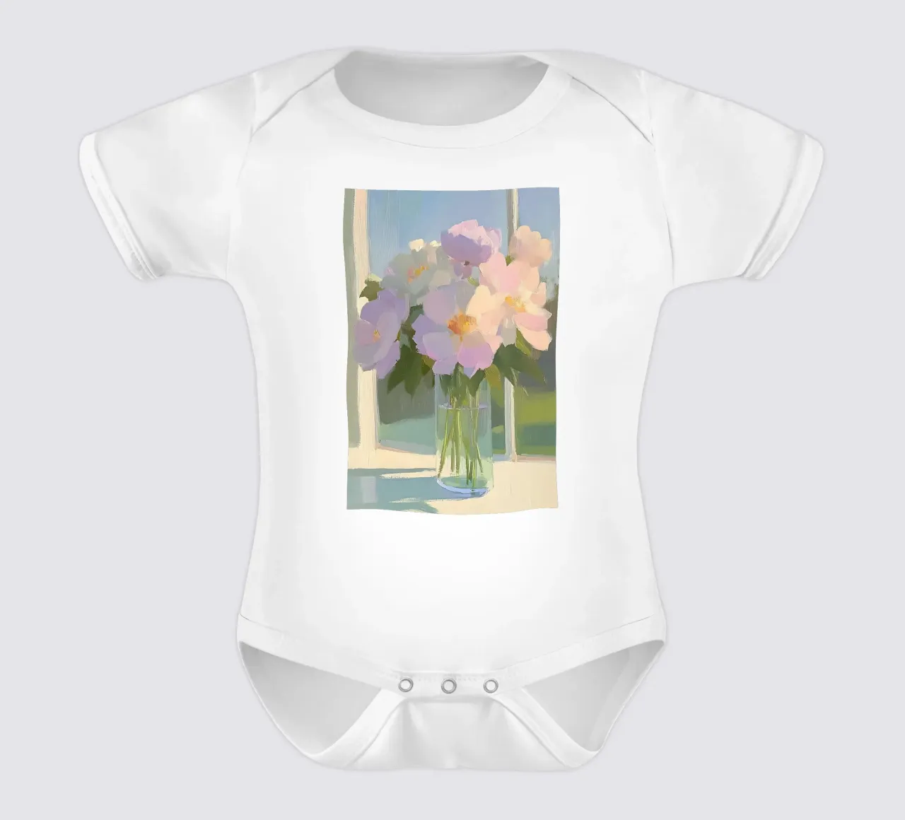 Bloemen in vaas, Botanische kunst, Bloemenprint babyrompertje korte mouwen van Little Lila