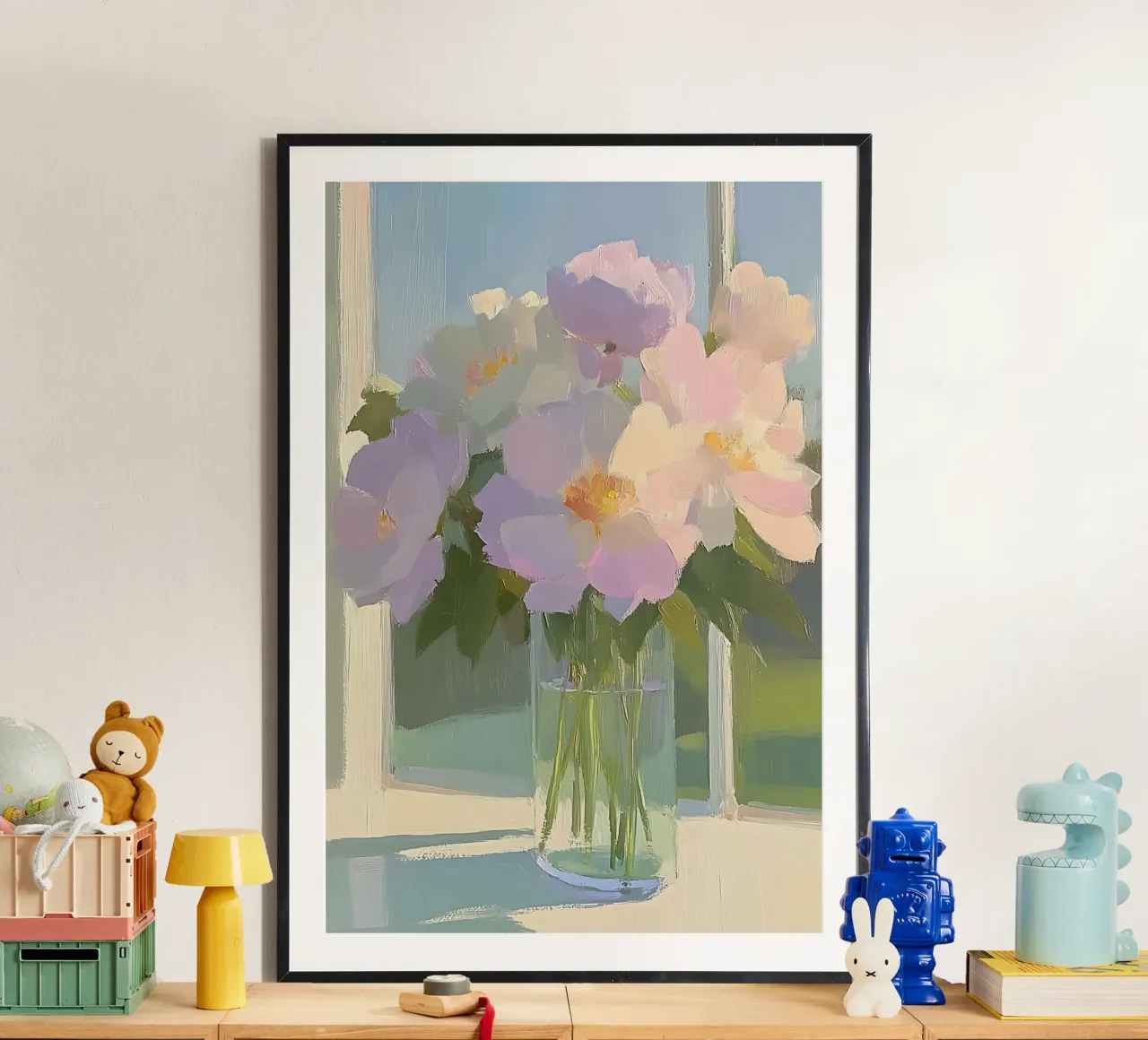 Bloemen in vaas, Botanische kunst, Bloemenprint poster met kunststof frame van Little Lila