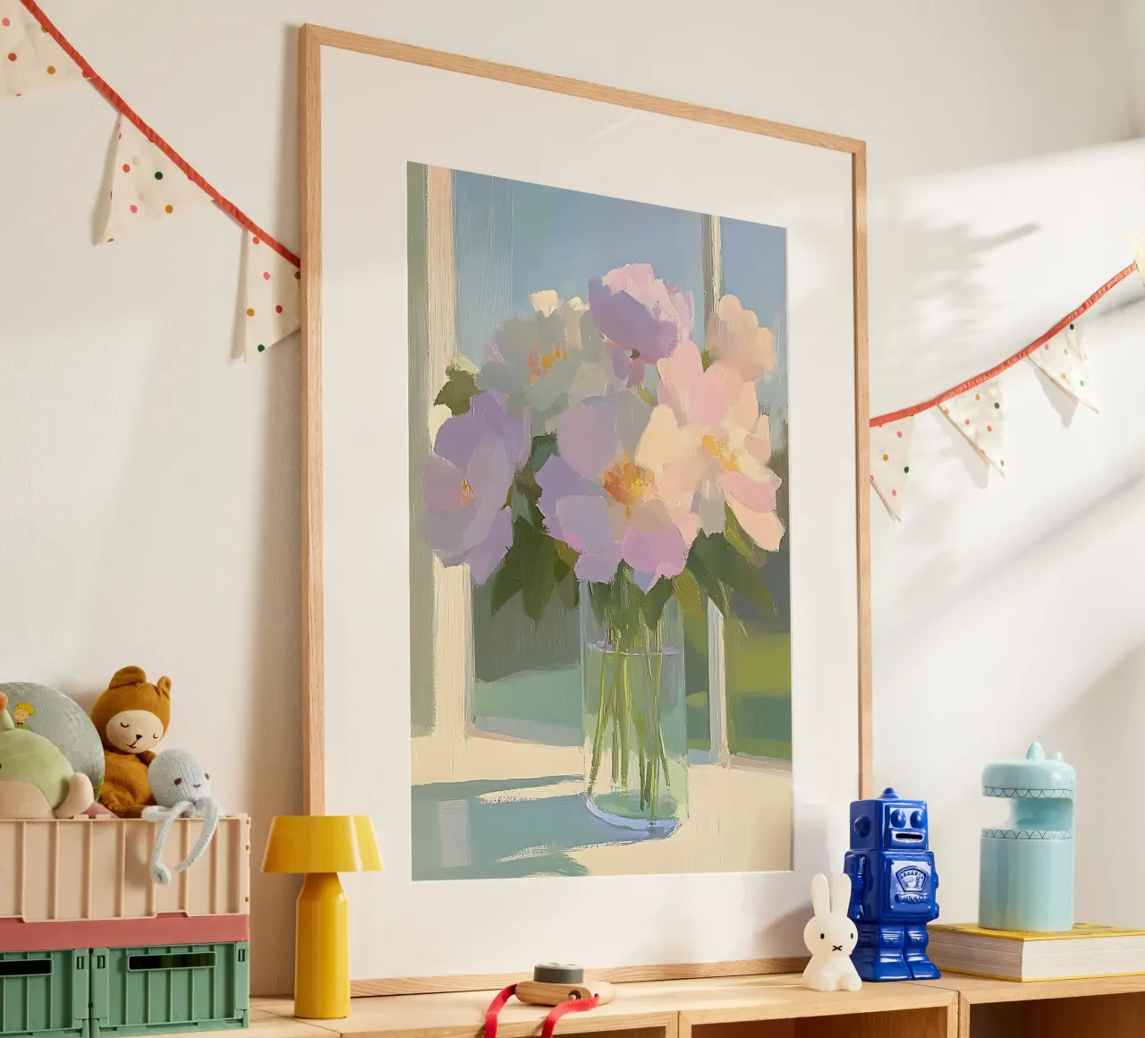 Bloemen in vaas, Botanische kunst, Bloemenprint poster met kunststof frame van Little Lila