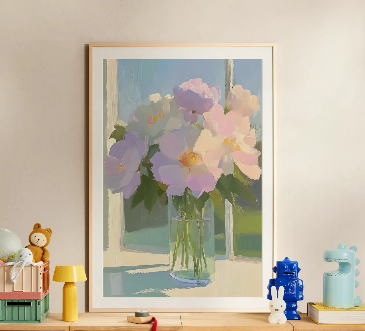 Bloemen in vaas, Botanische kunst, Bloemenprint poster met kunststof frame van Little Lila