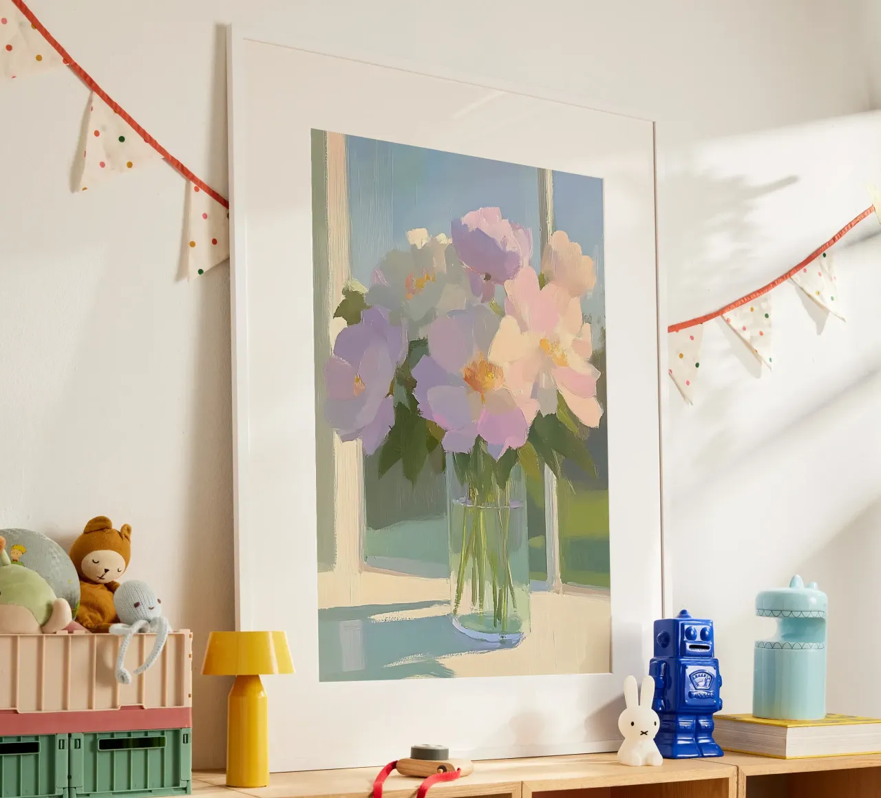 Bloemen in vaas, Botanische kunst, Bloemenprint poster met kunststof frame van Little Lila
