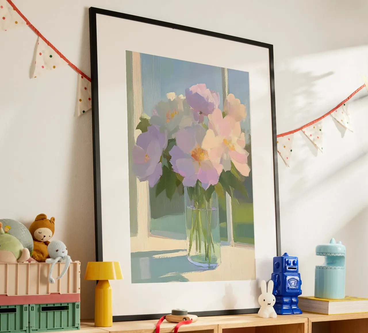 Bloemen in vaas, Botanische kunst, Bloemenprint poster met kunststof frame van Little Lila