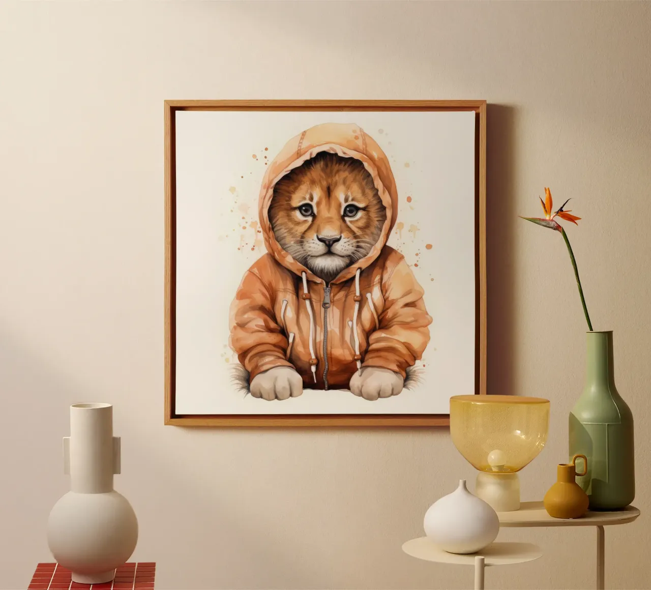 Leone acquerellato con felpa con cappuccio tela con Cornice a cassetta da Animal Portraits