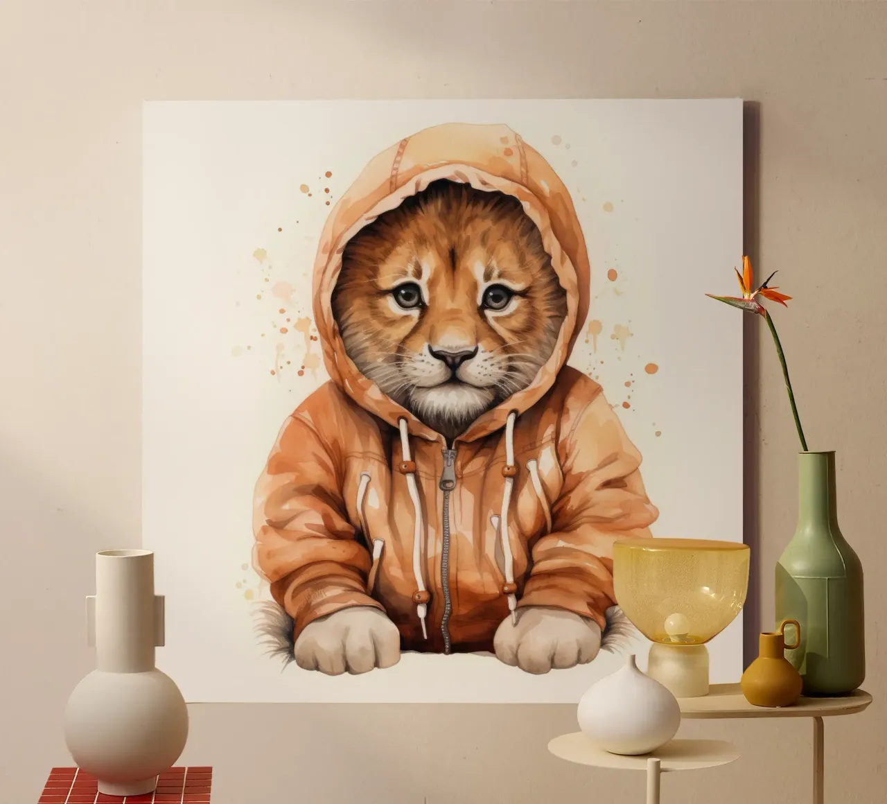 Leone acquerellato con felpa con cappuccio tela con Cornice a cassetta da Animal Portraits