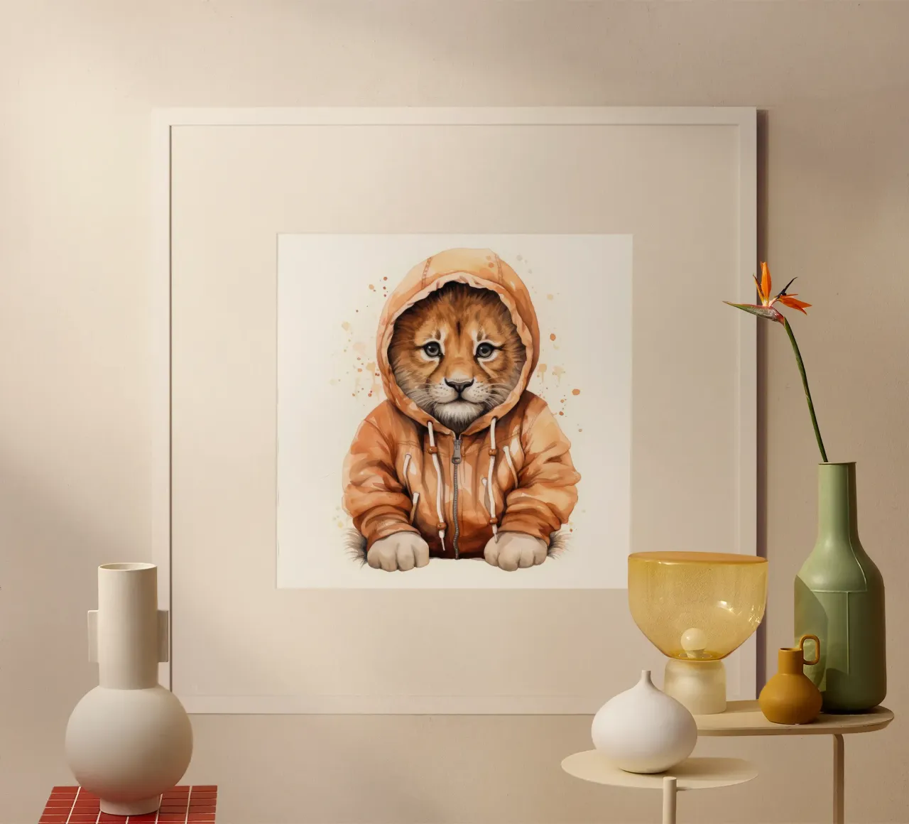 Leone acquerellato con felpa con cappuccio carta hahnemühle da Animal Portraits