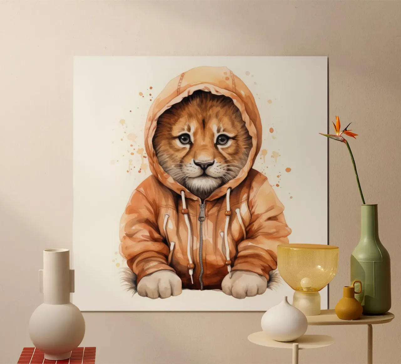 Leone acquerellato con felpa con cappuccio carta hahnemühle da Animal Portraits